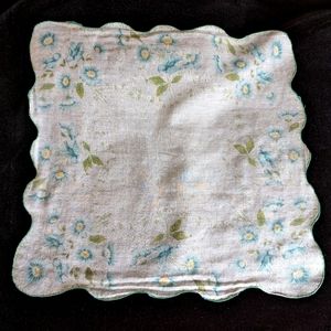 Vintage White Handkerchief with Blue/Yellow Flowers, Green Foliage and Bluebirds